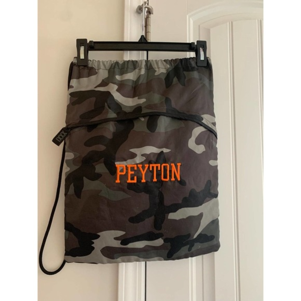 Thirty One Camouflage Cinch sac backpack style with monogrammed “Peyton”